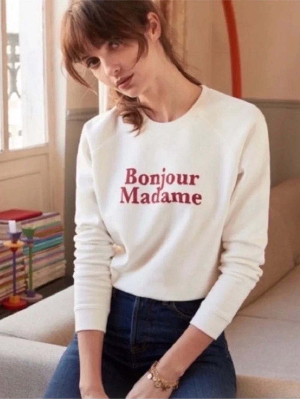 Sezane Bonjour Madame Cream Sweatshirt M